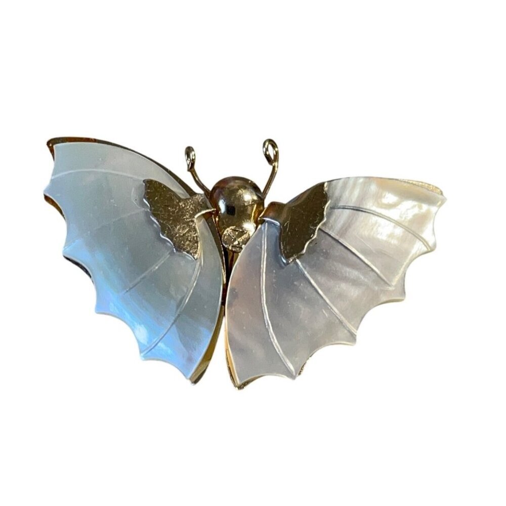 Butterfly Brooch With Mother Of Pearl Style Wings & Gold Tone‎ Metal